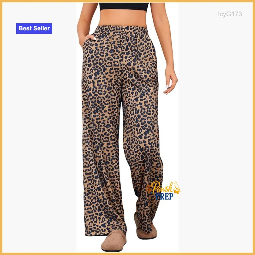 Leopard Print High Waist Wide Leg Palazzo Pants with Pockets